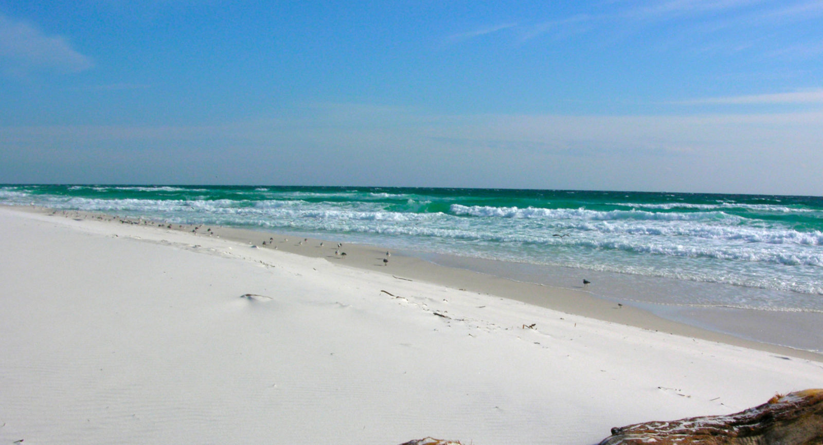 A serene beach with white sand and gentle waves under a clear blue sky.